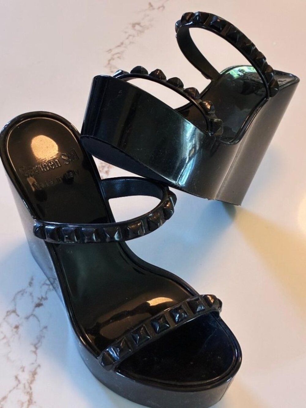 Carmen Sol Tonino Studded Jelly Wedge Sandals Womens 5 35 Black Platform Italy